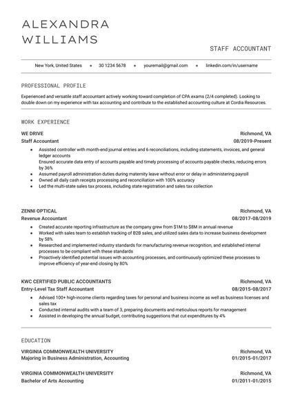Minimalist Accountant Resume Google Docs Template: Free and ATS Friendly - page 1
