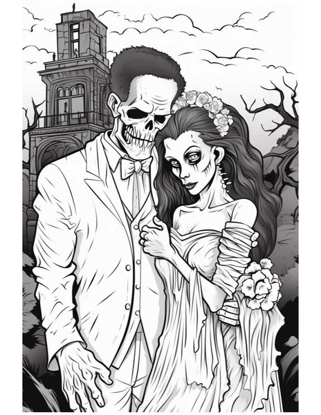 Bride of Frankenstein and Her Monstrous Mate Coloring Page for Adults
