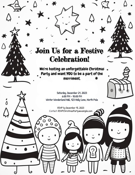 ree Christmas Party Invitation Flyer: Black and White Minimalist Design