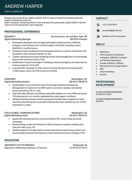Attractive Digital Marketer Resume Google Docs Template: Free and ATS Friendly