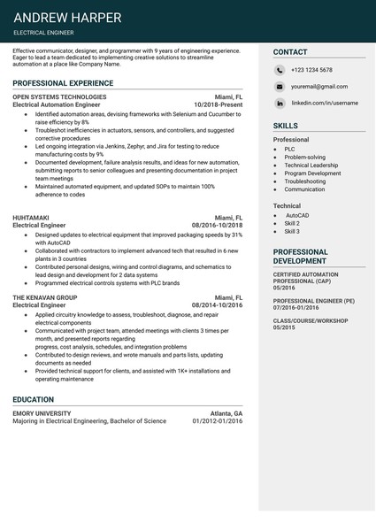 Attractive Electrical Engineer Resume Google Docs Template: Free and ATS Friendly