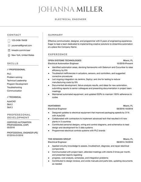 Modern Electrical Engineer Resume Google Docs Template: Professional & ATS Friendly