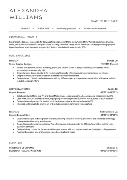 Minimalist Graphic Designer Resume Google Docs Template: Free and ATS Friendly - page 1