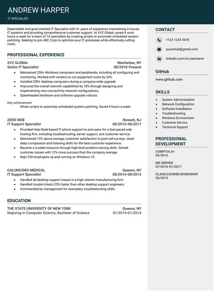 Attractive IT Specialist Resume Google Docs Template: Free and ATS Friendly