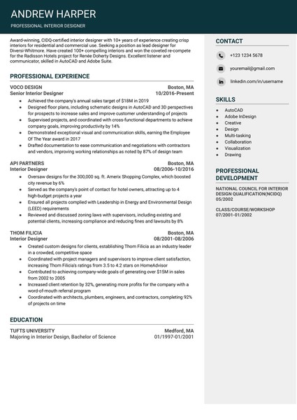 Attractive Interior Designer Resume Google Docs Template: Free and ATS Friendly
