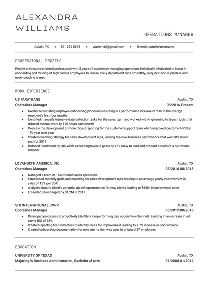 Minimalist Operations Manager Resume Google Docs Template: Free and ATS Friendly - page 1