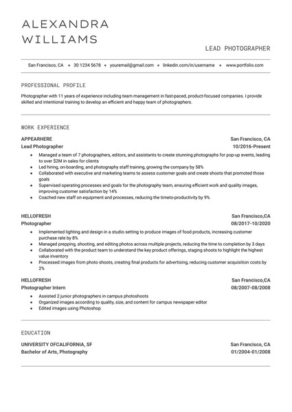 Minimalist Photographer Resume Google Docs Template: Free and ATS Friendly - page 1