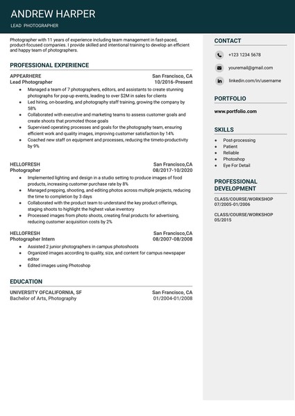 Attractive Photographer Resume Google Docs Template: Free and ATS Friendly