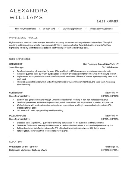 Minimalist Sales Manager Resume Google Docs Template: Free and ATS Friendly - page 1