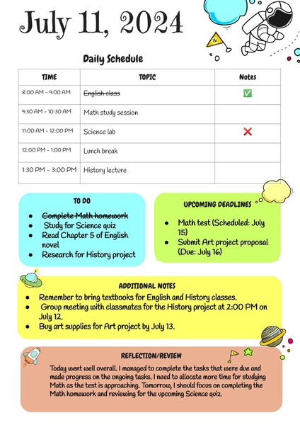 Free School Agenda Planner Google Docs Template - Cute and Colorful Design