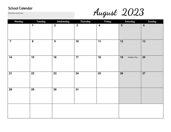 School Calendar Google Sheets Template 2023-2024: Black and white printable and minimalist
