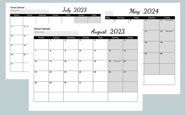 School Calendar Google Docs Template 2023-2024: Black and white printable and minimalist