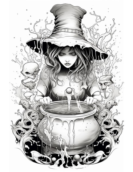 Witch Making Magical Potions Coloring Page for Adults
