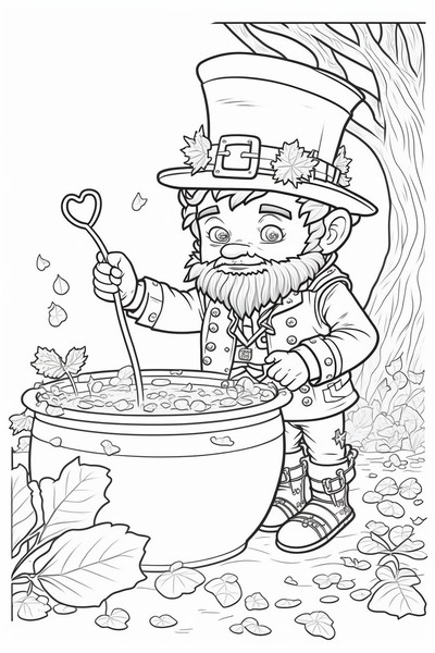 Leprechaun Discovering a Pot Of Gold Coloring Page Template