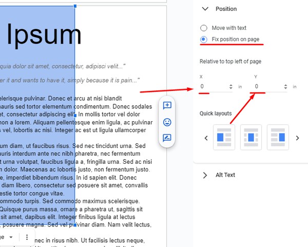 Set Relative to top left of page in Google Docs Guide