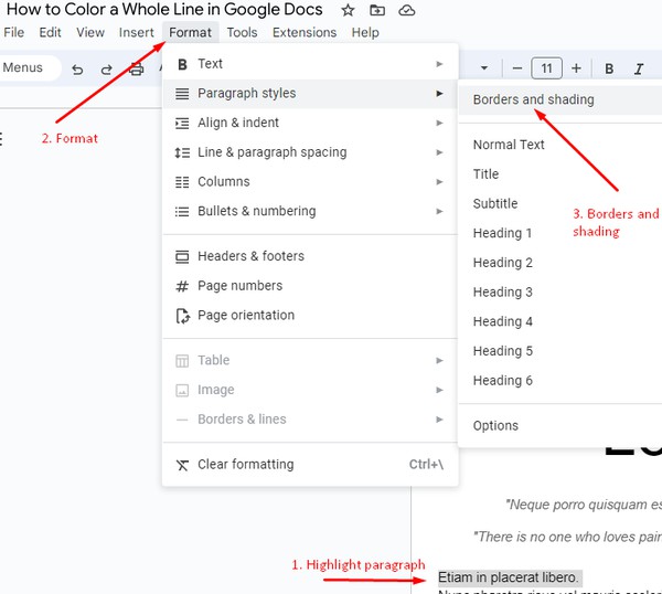 Paragraph Borders and shading navigation instructions in Google Docs
