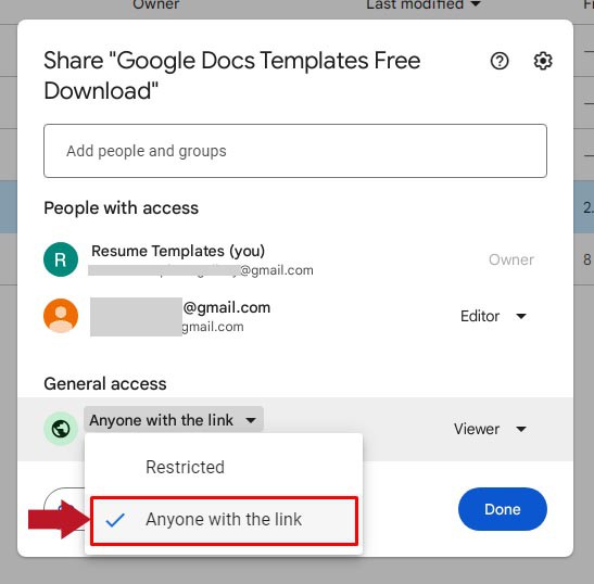Modify the access settings to "Anyone with the link." Google Drive Instruction